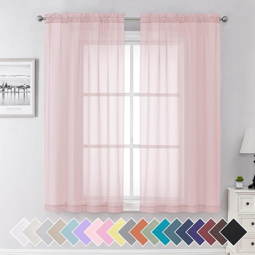 Aiyufeng Blush Pink Sheer Curtains 63 Inch Length 2 Panels Set, Light Filtering Airy Rod Pocket Light Pink Window Curtain Treatment Drapes for Kitchen Bedroom Living, Each 40Wx63L Inches