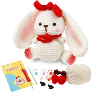 Dapoprren Rabbit Beginners Crochet Kit,Crochet Animal Kit,DIY Knitting Kit Supplies with Yarn, Polyester Fiber,Crochet Hooks,Step-by-Step Instructions Video,Crochet Kit for Beginners