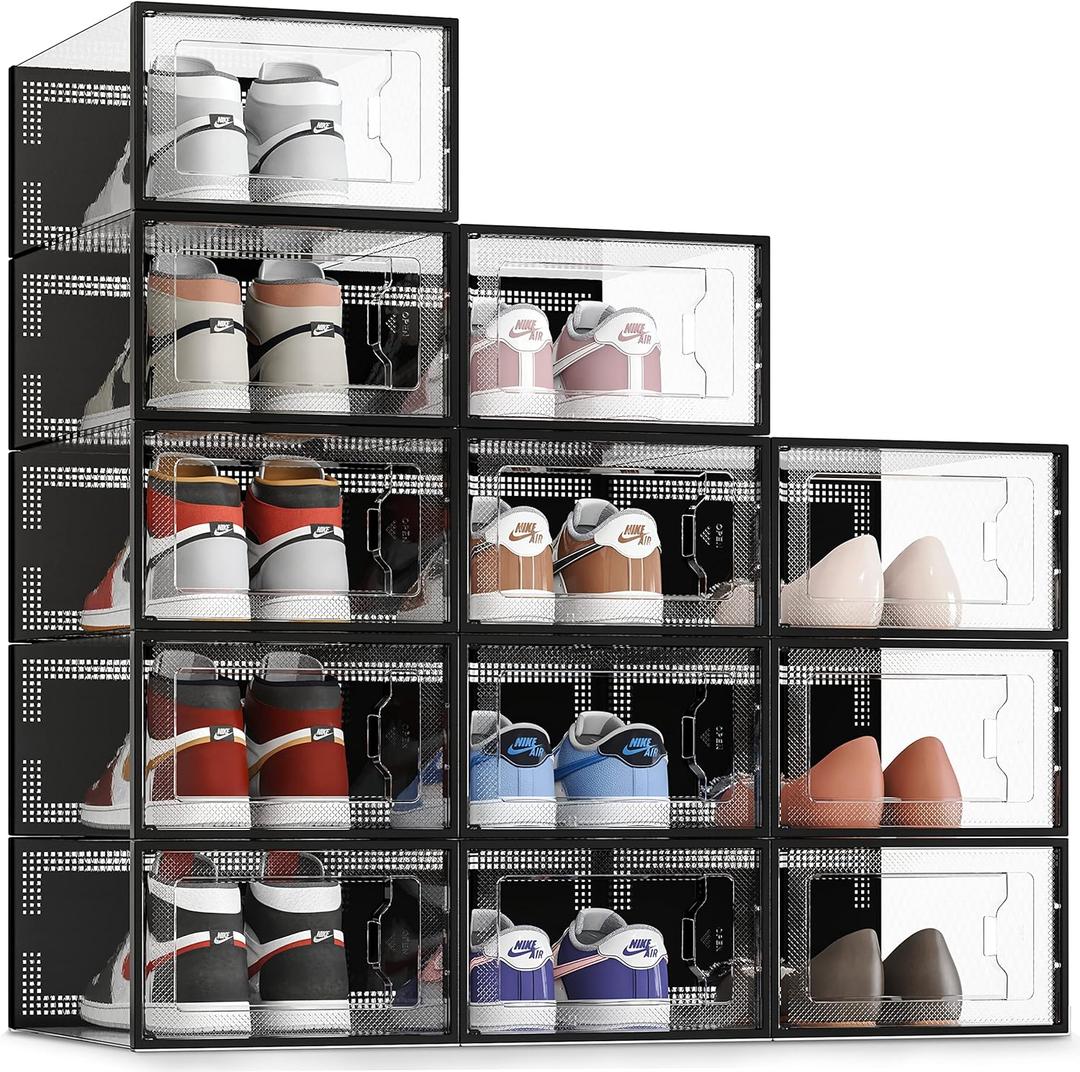 SEE SRPING XX-Large Shoe Storage Box Fit Size 14, Clear Plastic Stackable Shoe Organizer for Closet, Shoe Rack Sneaker Containers Bins Holders, Drawer Organize Unit, 12 Pack Black (XX-Large Fit Size 14)