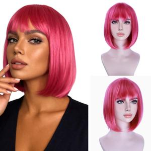 MAGQOO Hot Pink Wigs for Women Dark Pink Bob Short Straight Magenta Wigs with Bangs Synthetic Cosplay Party Wig