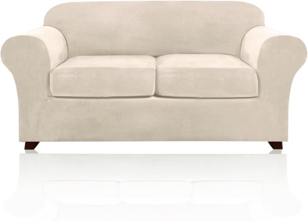 PrinceDeco Velvet Couch Cover Loveseat Covers for 2 Cushion Couch 3 Piece Sofa Covers for Dogs Washable Loveseat Covers Width Up to 72 Inch No Slip Stretch Sofa Slipcover(Medium, Ivory)