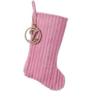 2 x 19.5 Inch Embossed Stripe Christmas Stocking,Personalized Xmas Stocking with Gold Wooden Initial Monogram,Fireplace Christmas Party Decoration and Xmas Gift(Pink,Letter I)