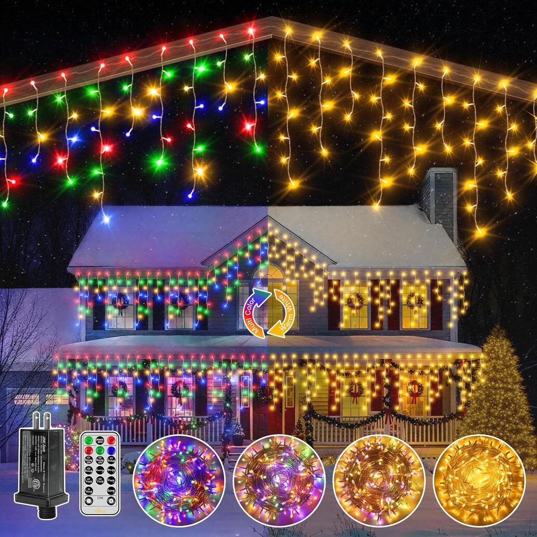 Ollny Icicle Lights for Outside 1000LED 82FT, Color Changing Christmas Light with Remote 11 Modes Timers Waterproof, Plug in Dimmable Hanging Lights for Outdoor Indoor House Roof Holiday (Warm White to Multicolor)