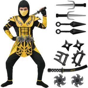 Spooktacular Creations Red Ninja Costume for Boys, Child Red Ninja Costume with Accessories for Kids Halloween Themed Parties (L (10-12 YRS), Golden)