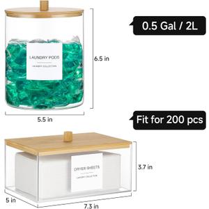 Glass Jars and Acrylic Dryer Sheet Holder, Laundry Pods Container with Bamboo Lid and 27 Labels, Powder Detergent Containers for Laundry Room Organization, Storage Jars Set (2 Pack)