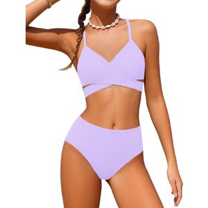 Doumlop Girls Swimsuit Bikini Set,Criss Cross Bathing Suits for Girl Two Piece Solid Color Girls' Swimwear for 15-16 Years