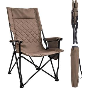 Folding Camping Chair, High Back Padded Portable Camp Chair with Storage Bag, 600D Oxford Fabric Comfortable Chair for Outdoor Camping, Beach, Fishing (Khaki)