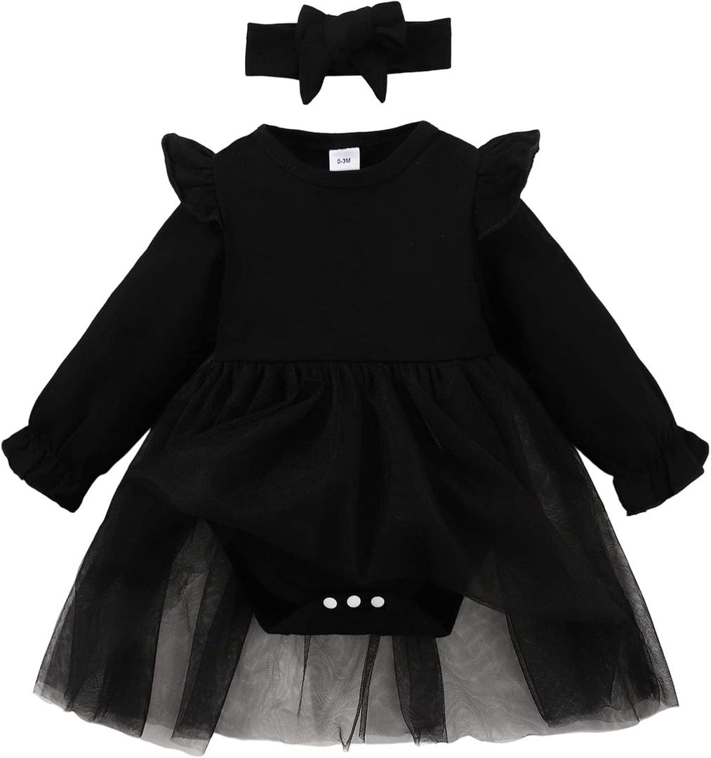 SOBOWO Newborn Infant Baby Girl Romper Dress Tutu Ruffle Long Sleeve Tulle Solid Onsies Dresses Fall Outfits with Headband (0-3 Months)