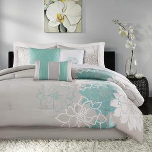 Madison Park Lola Sateen Cotton Comforter Set-Casual Medallion Floral Design All Season Down Alternative Bedding, Shams, Bedskirt, Decorative Pillows, King, Grey/Aqua 7 Piece
