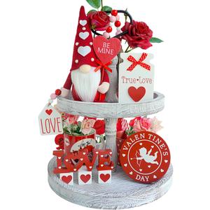 Valentines Day Tiered Tray Decor - 7 Pcs Gnomes Plush, Wood Signs, Wooden Beads Garland, Farmhouse Tiered Tray Decor Valentines Day Gift Idea