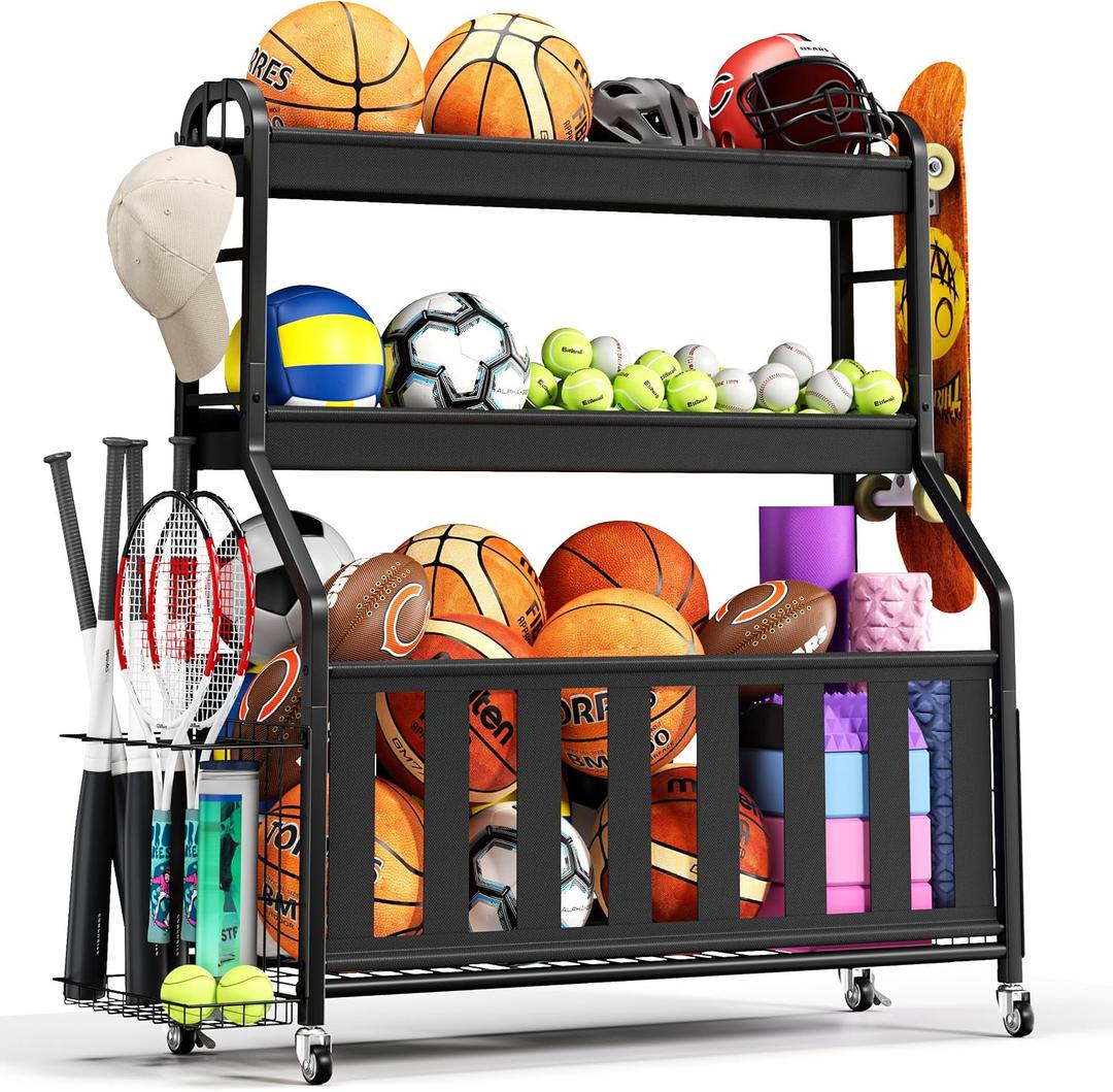 Sports Equipment Organizer, Rolling Ball Storage Cart with Locking Wheels, Hooks & Bat Rack