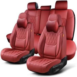 TINRAIYANG Car Seat Covers Full Set, Breathable Leather Automotive Front and Rear Seat Covers & Headrest, Universal Automotive Vehicle Seat Cover for Most Sedan SUV Pick-up Trucks, Wine Red