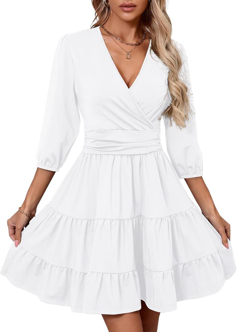 PerZeal Women's Wrap V Neck 3/4 Sleeve Wedding Guest Dress Elastic Waist Tiered Belted Ruffle Hem Mini Dress (X-Large)
