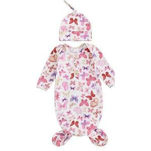 woshilaocai 1 Pack Baby Boy Girl Gown Sleeper Newborn Knotted Nightgown and Hat Set Infant Sleepwear (Butterfly&Lilac,0-3 Months)