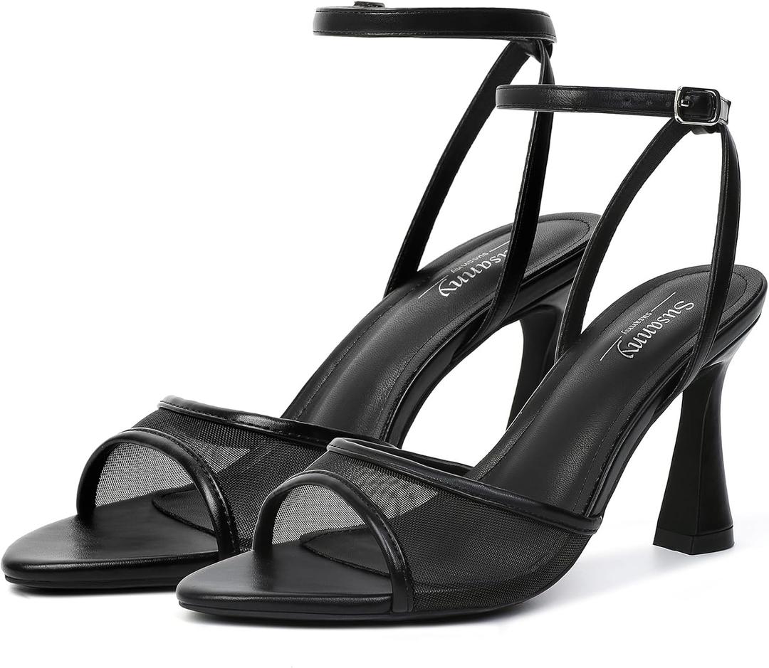 Susanny High Heels for Women Pointed Open Toe Strappy Chunky Block Heels Ankle Strap Stiletto Kitten Heeled Sandals Wedding Bridal Party Prom Sexy Dress Shoes (8.5, Black Mesh)