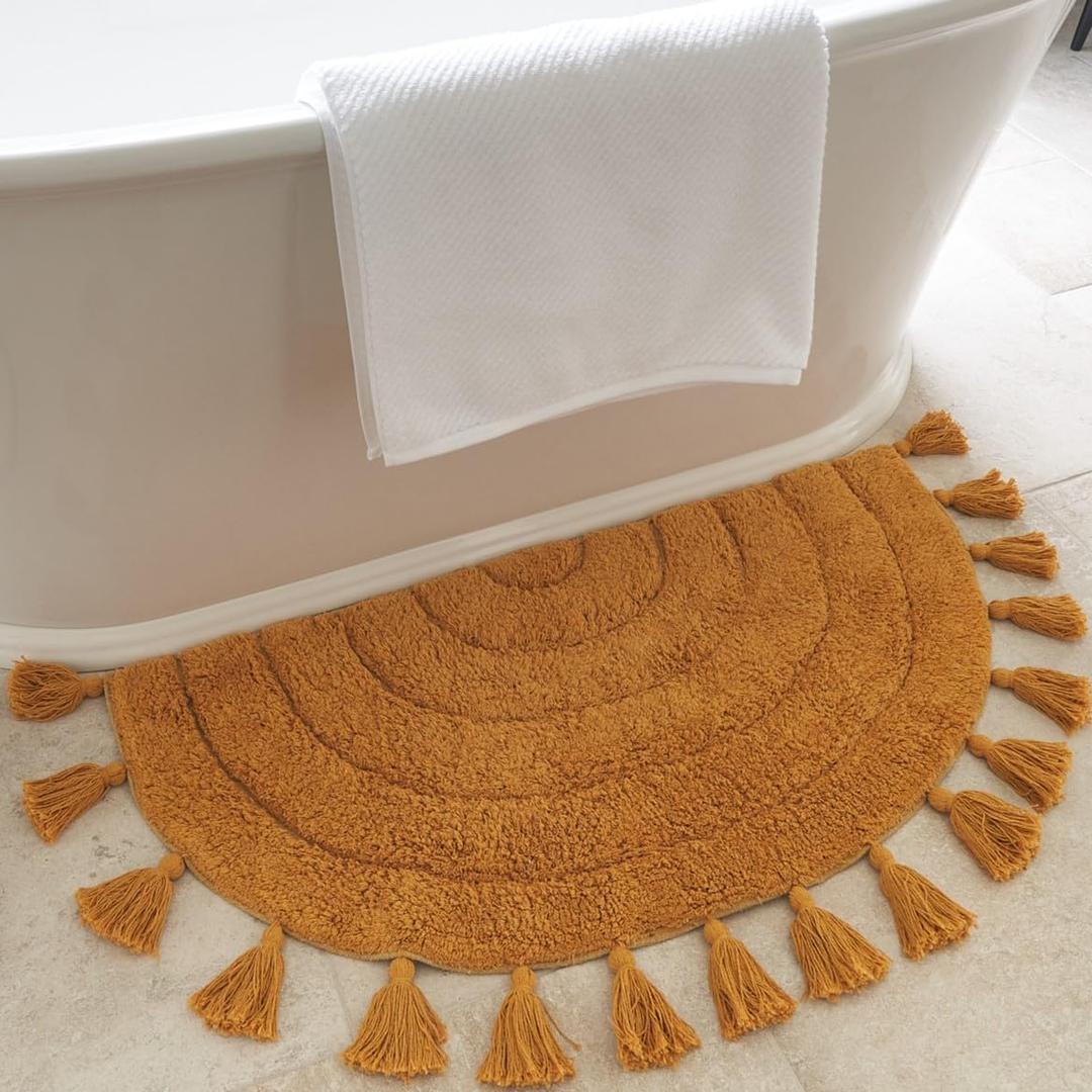 Beautiful Boho Rug with Tassels for Your Bathroom - Soft Half Circle 100% Cotton Mat Fits Perfectly Into Your Home - A Cute, Non-Slip and Absorbent Crochet Rug Ideal to Enhance Any Bath/Bedroom Decor