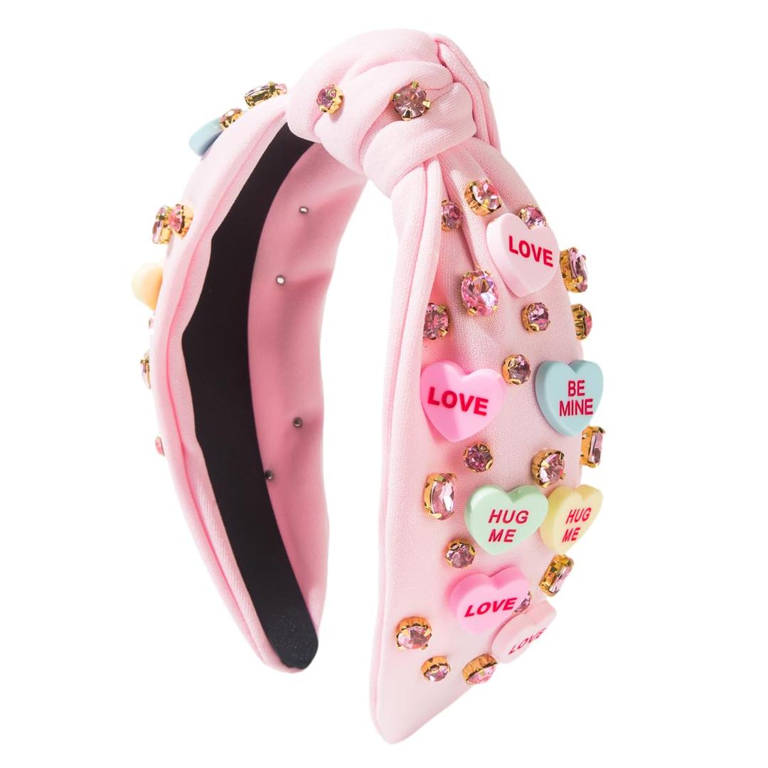 Valentine Headbands for Women Trendy Pink Knotted Headband - Top Knot Rhinestone Woman Head Band for Hair, Valentine Heart Hair Accessories for Women