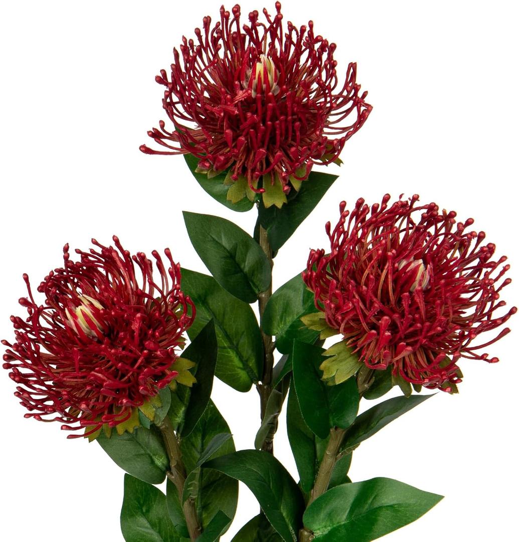 Hollyone 3Pcs Red Artificial Flowers Mums Fall Spider Mum Flower Silk 28.3'' Long Stem Fake Chrysanthemum Flowers Leucospermum Cordifolium Arrangement Faux Pincushion Flowers Bouquet Home Decor