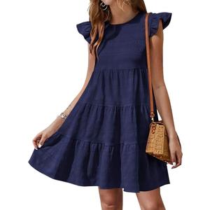Yousify Summer Dresses for Women 2026 Ruffle Short Sleeve Babydoll Dress for Women Casual Loose Short Mini Navy Blue Dress, L