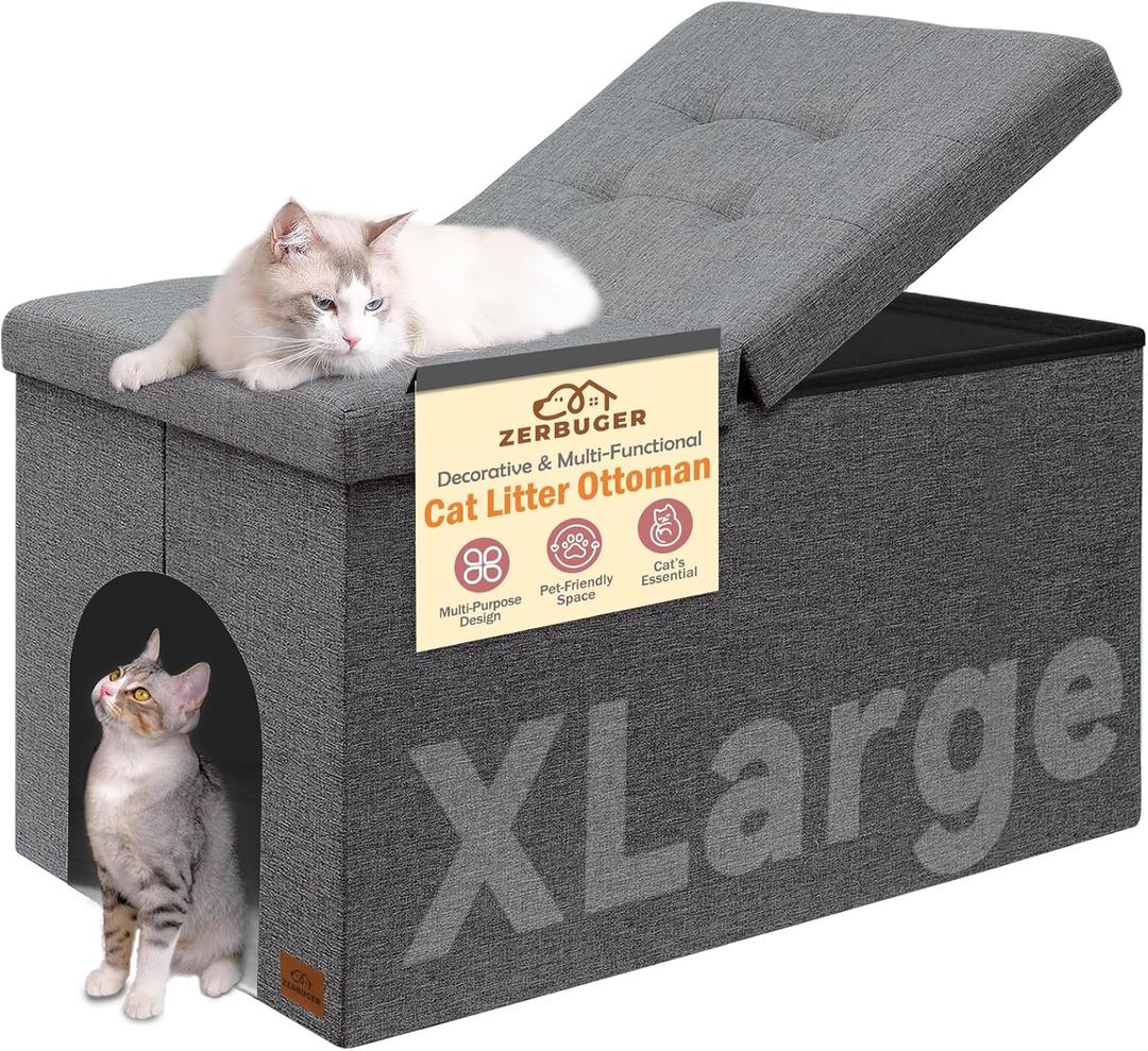 Cat Litter Box Enclosure Furniture for Odor Control, Hidden Cabinet Cats Litter Ottoman with Flip-Up Lid,Cat Litter Box Bench with Storage Space, Dog Proof(Grey, X-Large)