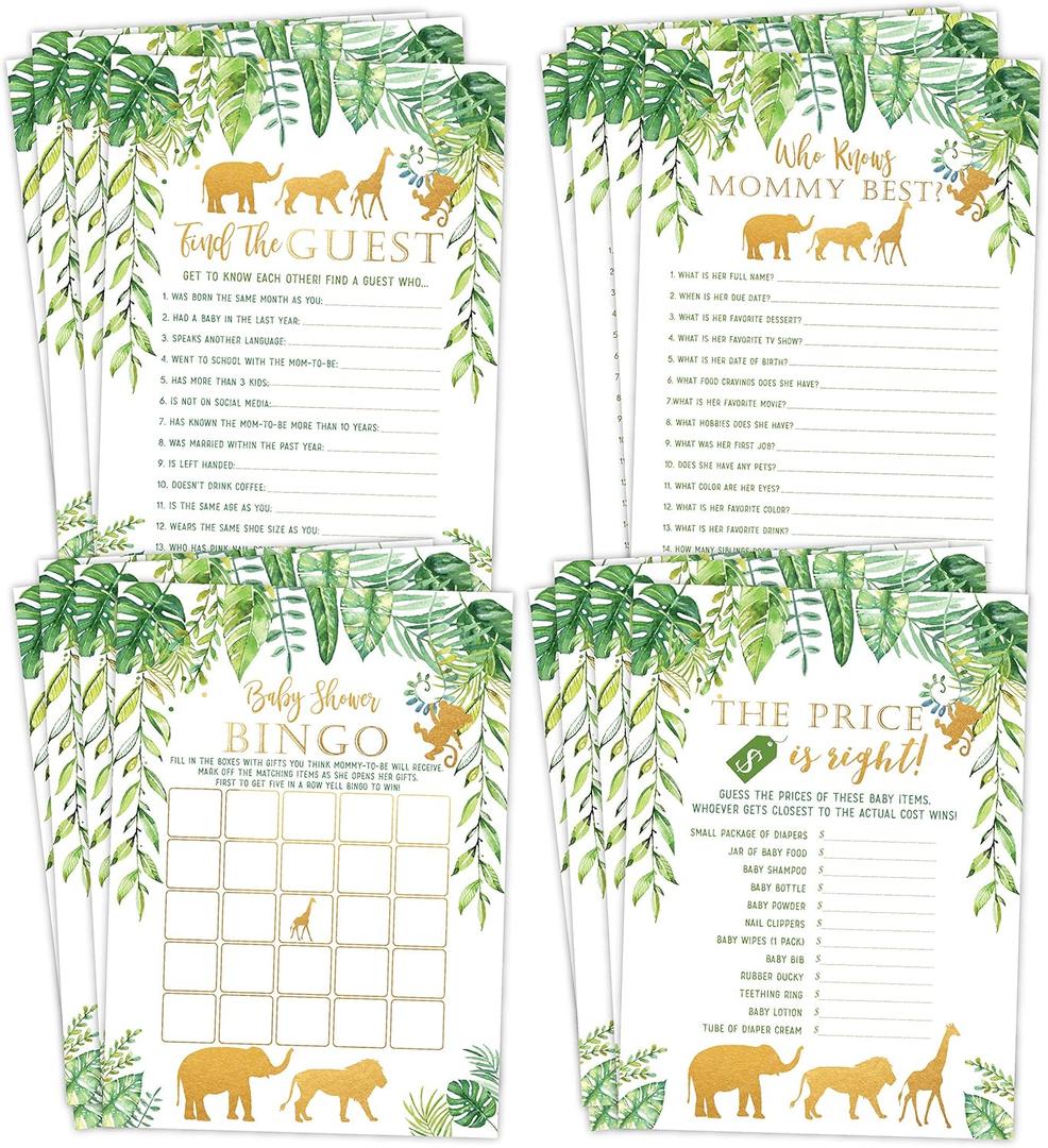 Your Main Event Prints Jungle Baby Shower Games - 25 Each - Bingo, Find The Guest, The Price is Right, Who Knows Mommy Best - Jungle Animals Theme - Printed Front and Back, 1 Game Per Side