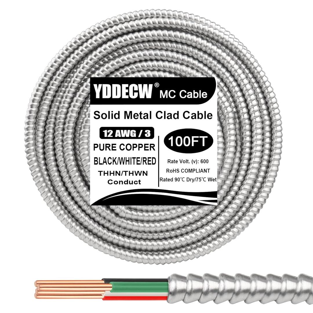 100ft 12/3 Metal Clad (MC) Cable with Ground, 10 Gauge Electric Wire with Aluminum Armor, Solid Bare Copper Conductors for Indoor Outdoor Underground Embedded Installation (12/3, 100 ft)