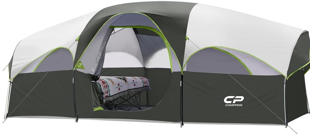 CAMPROS CP 8 Person Camping Tent, Room Divider, Rainfly, Weather Resistant
Family tent with 5 large mesh windows, double-layer design, and a carry bag, 14' x 9' x 72"(H)