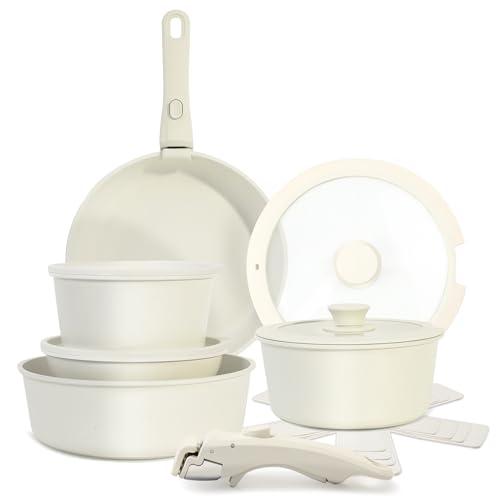 Cuisinluv 15-Piece Ceramic Nonstick Pots and Pans Set – Kitchen Cookware with Detachable Handle, RV Camping Cookware Set – Oven & Dishwasher Safe, PFOA-Free – Cream White