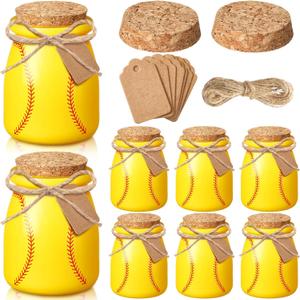 Funnymoom 8 Set Softball Senior Night Gift Glass Jar for Dirt Softball 7oz Glass Jar with Cork Lid Mini Sport Team Gift Bonus Twine and Labels for Sport Party Favors Decoration