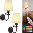 Wireless Wall Sconces Set of Two, 5300mAh Battery Operated Wall Sconce, Rechargeable Bulbs with Remote, 15 Colors Dimmable Wall Sconces with Fabric Shade for Bedroom Living Room Hallway (Black)