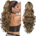 LONAI Ponytail Extension for Women, 26 Inch Claw Clip Ponytail Extensions Wavy Curly Pony Tail Clip in Hair Natural Looking Synthetic Hairpiece for Daily Wear （Chocolate Brown with Medium Blonde
