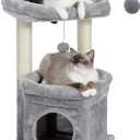 PEQULTI Cat Tree Tower for Indoor Cats with Private Cozy Cat Condo, Natural Sisal Scratching Posts and Plush Pom-pom for Small Cats (27 inch Sleeping Tree, Grey)