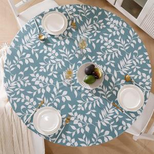 Round Vinyl Fitted Tablecloth with Flannel Backing Elastic Edge Design Table Cover Waterproof Oil-Proof PVC Table Cloth Stain-Resistant Wipeable for Round Table (Large Round Fits Table up 57"-65" Diameter, Leaf)