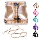 PUPTECK Dog Harness and Leash Set for Dogs No Pull Step-in Soft Mesh Puppy Cat Vest Harnesses Reflective at Night, Plaid Pattern Beige XS