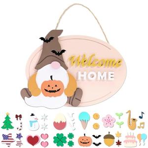 2 PACK DN DECONATION Interchangeable Seasonal Gnome Welcome Sign Front Door Decoration, Rustic Wood Wreaths Wall Hanging for Spring Summer Fall Winter Holiday Halloween Christmas Decor Outdoor