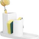 Geelin 3 in 1 Ceramic Kitchen Sink Caddy Dish Sponge Holder Scrub Brush Holder and Soap Tray for Kitchen Organizer White Rustic Farmhouse Supplies(White)