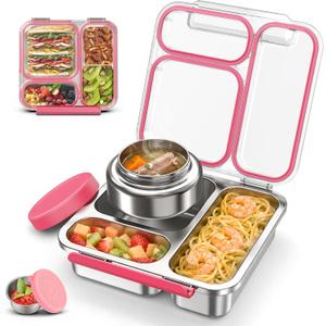Stainless Steel Bento Box Kids Adult with 7oz Soup Thermo, Transparent Lid 3 Compartments Metal Bento Lunch Box with Insulated Food Jar,Lunch Box Container Sauce Cup for School,BPA-Free (Pink)