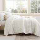 Boho Ivory Quilt Queen Size Bedding Sets with Pillow Sham, Bohemian Lightweight Soft Bedspread Coverlet, Cream Farmhouse Floral Vintage Thin Comforter Bed Cover All Season, 3 Pieces, 90x90 inches