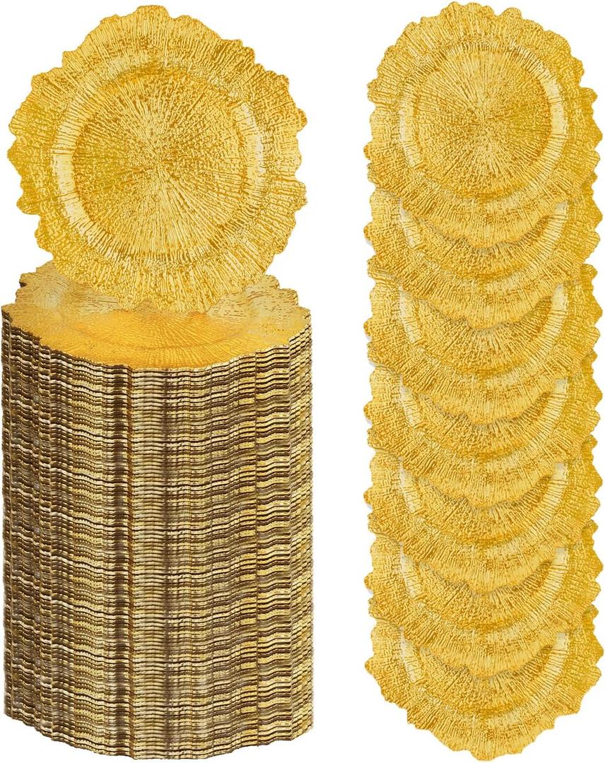 100PCS Bright Gold Charger Plates Bulk- 13in Round Plastic Chargers for Dinner Plates- Floral Reef Table Plate Chargers for Wedding, Halloween, Thanksgiving, Christmas, Party, Display