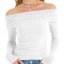 OULESIS Off The Shoulder Mesh Tops for Women 2025 Fall Long Sleeve Shirts Bodycon Y2k Blouses Ruched Tendy Going Out Outfits White (White, M)