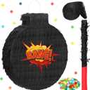 Wettarn Hero Boom Piata for Birthday Party Large Black Piata with Blindfold Stick Confetti Hero Theme Party Game Prop for Adults, 13.4 x 11.8 x 3 Inches