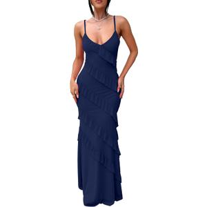 HOCILLE Women's Sexy V Neck Backless Bodycon Spaghetti Strap Elegant Ruffle Maxi Cocktail Party Dresses (Medium)
