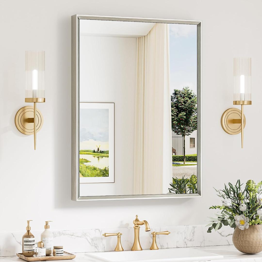 Keonjinn 24 x 32 Inch Brushed Nickel Bathroom Mirror, Beveled Rectangle Framed Mirror for Wall, Farmhouse Bathroom Vanity Mirror for Over Sink, Square Corner, Tempered Glass