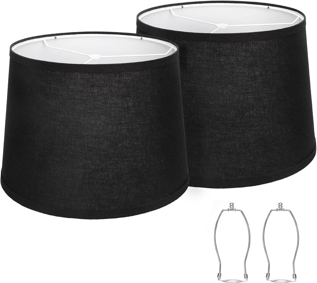 Lampshades Set of 2, Black Fabric Lamp Shades 11.6" Top x 12.6" Bottom x 9.8" High Drum Lampshades for Table Lamps, Floor Lamps, Pendant Light, E26 Base Harp Holders Included