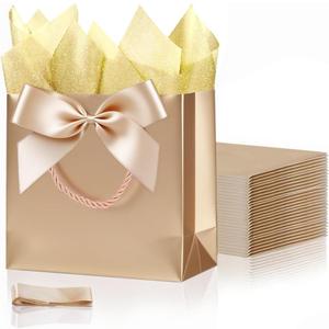 SHIPKEY 10PCS Champagne Gift Bags, 11"x4"x8" Medium Welcome Bags, Luxury Shopping Bags with Ribbon Handle and Bows (28x10x20cm)