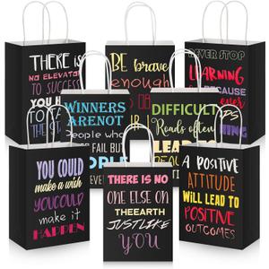 Berlune 24 Pcs Motivational Black Gift Bags with Handles Black Paper Bags Inspirational Quote Small Gift Kraft Paper Pack with Handles for Retail, Business, Party Favors