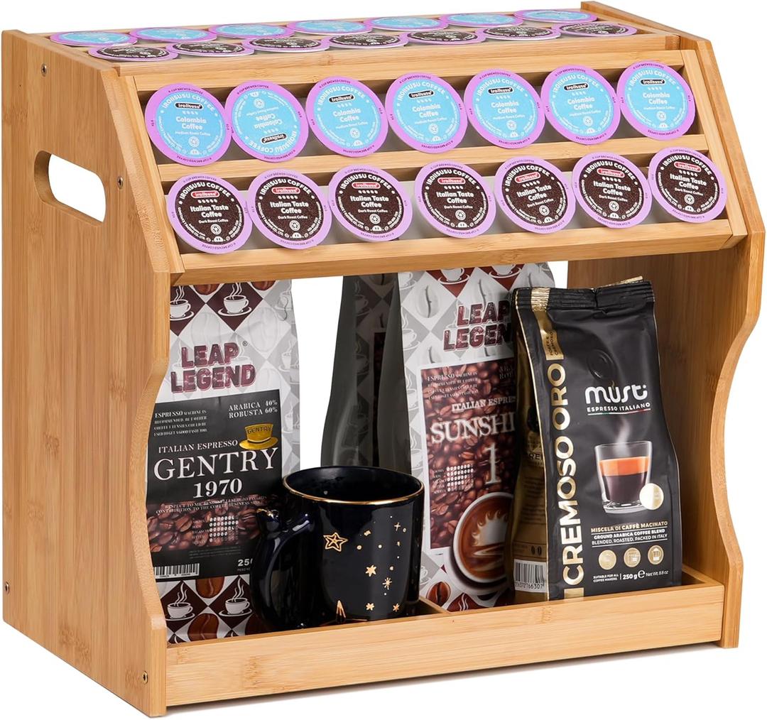 2-Tier K Cup Holder & Condiment Organizer, Bamboo Coffee Pod Organizer & Coffee Bar Accessory for Home or Office,Space-Saving Storage Rack with Handles