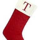 Christmas Stockings with Initials, 20 Inches Large Knit Embroidered Letter Red White Christmas Stocking, Monogram Christmas Stocking for Famliy Holiday and Xmas Tree Fireplace (Letter T)