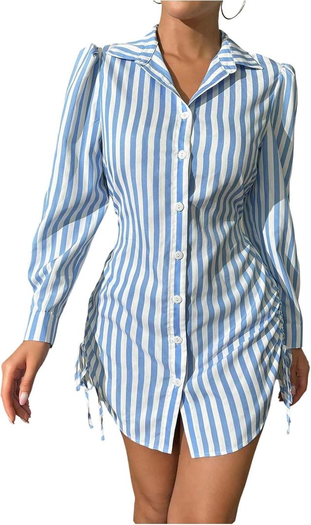 WDIRARA Women's Striped Button Down Drawstring Side Dress Long Sleeve Collared Smocked Shirt Dresses (Blue, M)