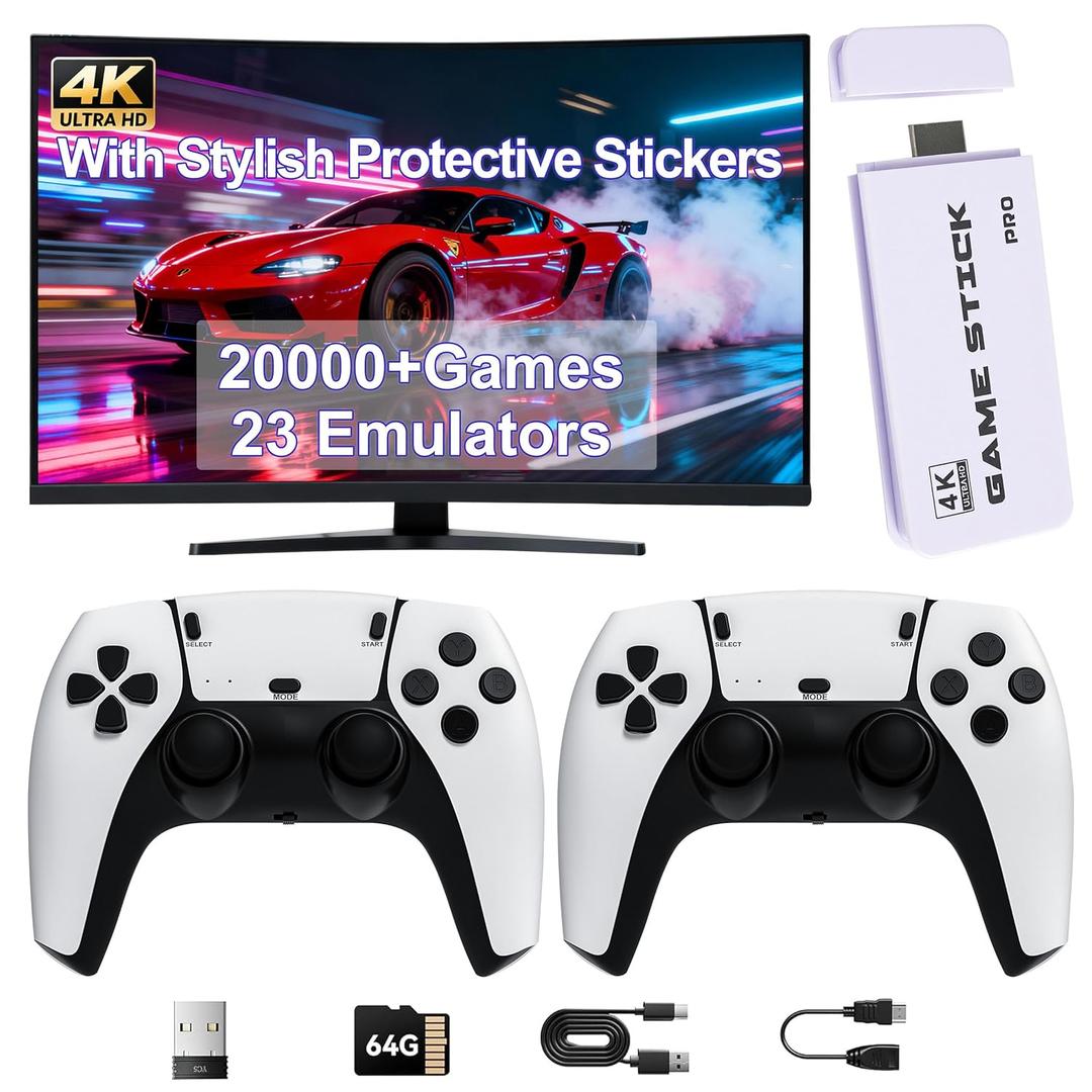 2026 Upgraded Retro Gaming Console with 20k+ Classic Games & 23 Emulators, 4K HDMI Plug & Play Game Stick for TV, Includes Dual 2.4G Wireless Controllers & Skin Stickers (64GB)